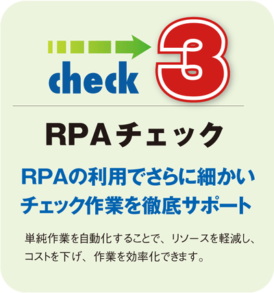 「CHECK3」RPAチェック〜RPAの利用でさらに細かいチェック作業を徹底サポート。単純作業を自動化することで、リソースを軽減し、コストを下げ、作業を効率化できます。